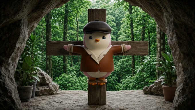 A 3D-rendered image of a cartoon penguin wearing a flat cap and a brown coat, tied to a wooden cross in a cave opening that overlooks a lush green forest.