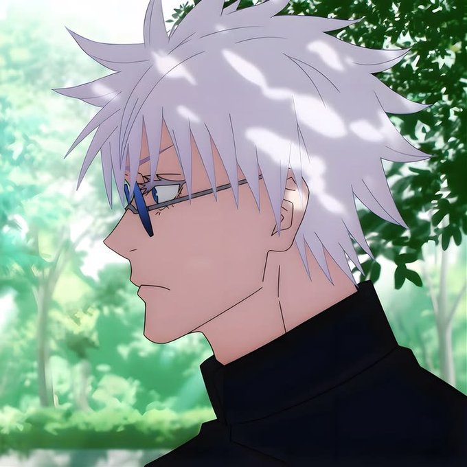 An anime-style illustration showing the profile of a character with spiky white hair and glasses, looking toward a green leafy background.