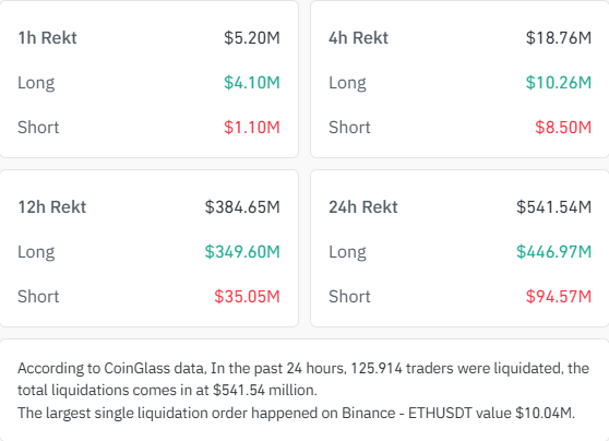 A cryptocurrency liquidation dashboard from CoinGlass showing rekt totals: 1h $5.20M, 4h $18.76M, 12h $384.65M, and 24h $541.54M, with long/short breakdowns and a note that 125,914 traders were liquidated, the largest single liquidation on Binance ETHUSDT valued at $10.04M.