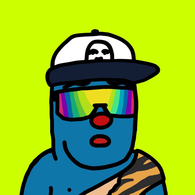 A cartoon blue character wearing a white cap with a logo, rainbow-lens sunglasses, and a tiger-print sash smiles against a bright yellow-green background, fitting the cheerful "Gm everyone" greeting with its upbeat, friendly vibe.