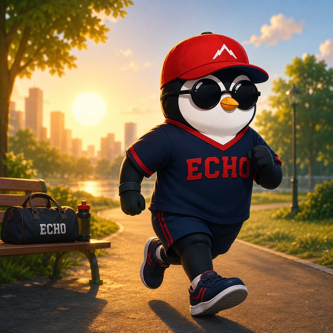 The image features a cartoon penguin character dressed in a baseball uniform with sunglasses and running shoes while standing on a sidewalk near a park bench. The background of the image shows trees, buildings, and a sunset, creating an outdoor setting for the scene. The caption reads "Good Morning everyone, A new day, a fresh start and more opportunities to learn, build and grow onchain."