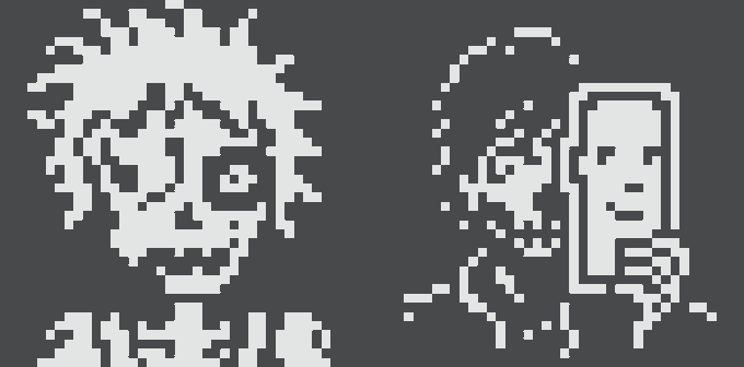 A pixel art style image shows two characters in white on a dark background, one appearing to be a shaggy-haired figure on the left and another holding a phone or device on the right.