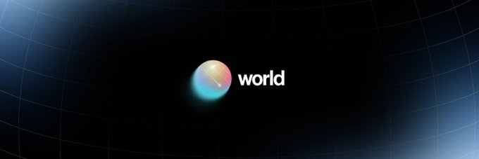 A dark, minimal graphic displays the colorful spherical logo of the 'world' (Worldcoin) project against a subtle grid background.