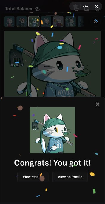 A digital interface displays a "Congrats! You got it!" message with confetti, showing a newly acquired "HYPER 01" NFT featuring a cat character dressed as a farmer with a pitchfork and green bandana. The image illustrates the user's successful purchase of a Hypurr NFT, one of multiple cat character collectibles visible in the "Total Balance" collection bar at the top.