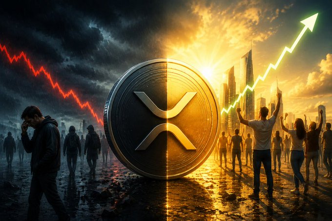 A digital illustration showing a large XRP (Ripple) coin split between a dark, declining market on the left and a bright, rising market on the right.