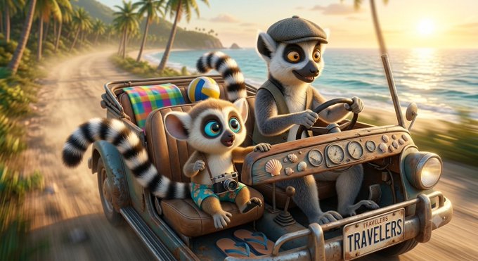 A whimsical digital illustration of two lemurs driving an old-fashioned jeep labeled 'TRAVELERS' along a sunny coastal road, with palm trees and the ocean visible in the background.