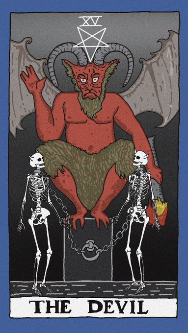 A tarot card labeled 'THE DEVIL' depicting a red horned winged figure seated on a pedestal with two chained skeletons beneath it.