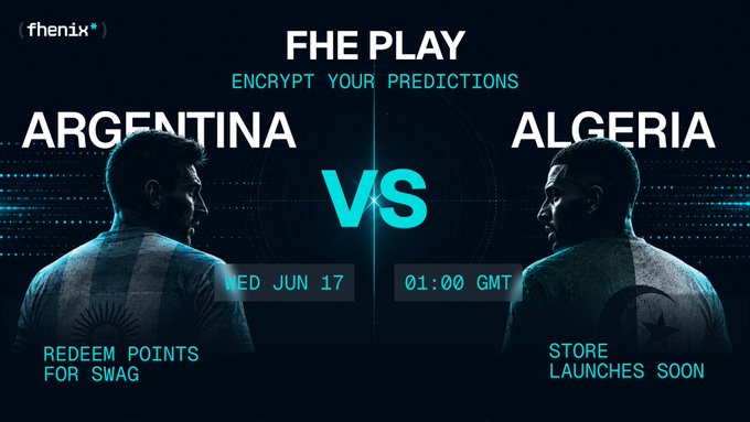 The image features two men standing against each other, facing opposite directions. They are positioned at the center of a poster or banner that displays information about Argentina and Algeria. The poster includes text such as "Argentina vs Algeria", "FHE Play", "encode your predictions", "Argentina", "Algeria", "1:00 GMT", and "Store". Additionally, there is a small clock on the poster indicating the time of 1:00 GMT. The image also contains text that reads "Focus on what is in the image and how it relates to the post".