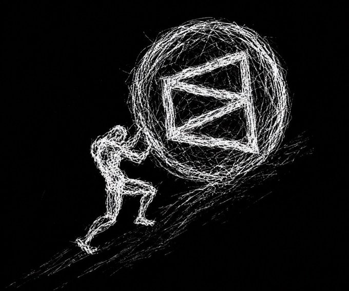 A monochrome sketch shows a person pushing a huge scribbled boulder marked with a stylized “M” logo up a steep incline.