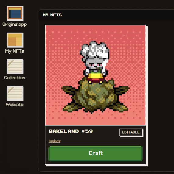 A pixel art NFT interface showing 'BAKELAND #59' featuring a white bunny chef character on top of a baked good, with options for Origins.app, My NFTs, Collection, Website, and a green 'Craft' button.