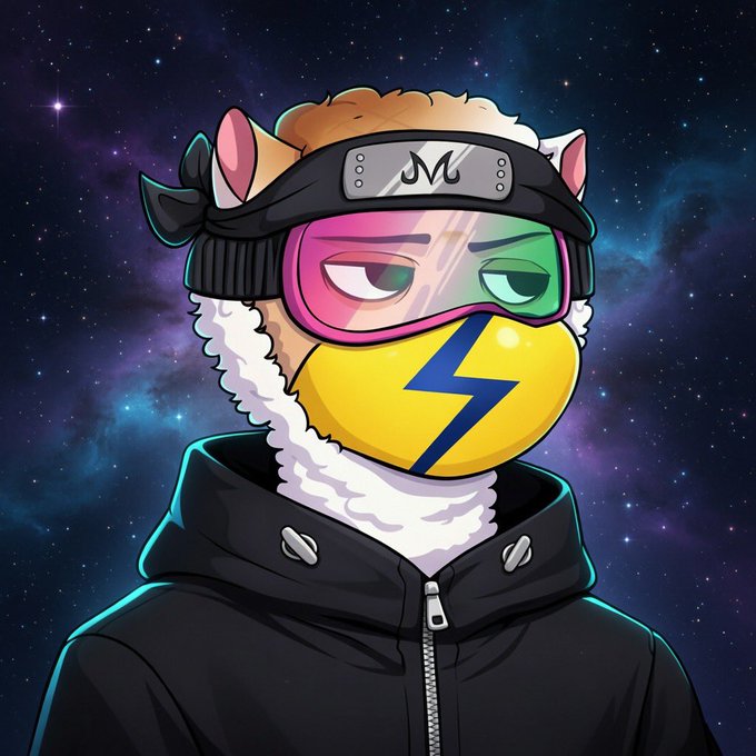 An animated avatar of a character wearing a black hoodie, rainbow ski goggles, and a yellow emoji mask with a lightning bolt, set against a cosmic starry background.