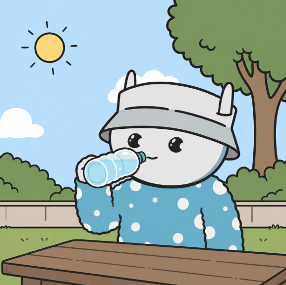 A cartoon illustration of a white character with small horns, wearing a bucket hat and blue polka-dot pajamas, drinking from a water bottle in a sunny park.