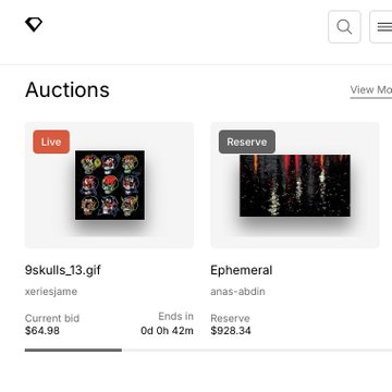 An auction interface showing a 'Live' auction for '9skulls_13.gif' by xeriesjame with a current bid of $64.98 ending in 0d 0h 42m, and a 'Reserve' auction for 'Ephemeral' by anas-abdin at $928.34.