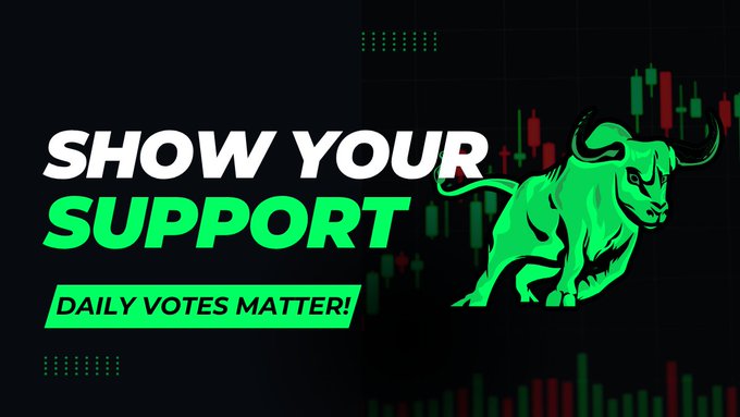 A bold green banner features an aggressive charging bull alongside the text "SHOW YOUR SUPPORT" and "DAILY VOTES MATTER!" against a backdrop of green and red candlestick charts, visually reinforcing the post's call to vote daily for Litecoin ($LTC) on CoinMarketCap and CoinGecko to demonstrate bullish support.
