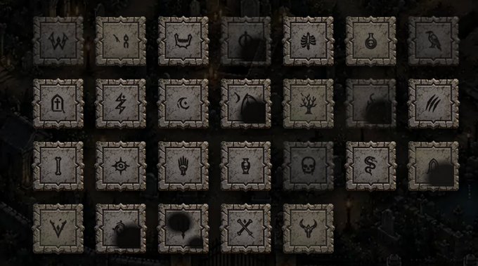 A grid of dark, runic-style square tiles with various engraved symbols, resembling a skill tree or menu from a dark fantasy video game.