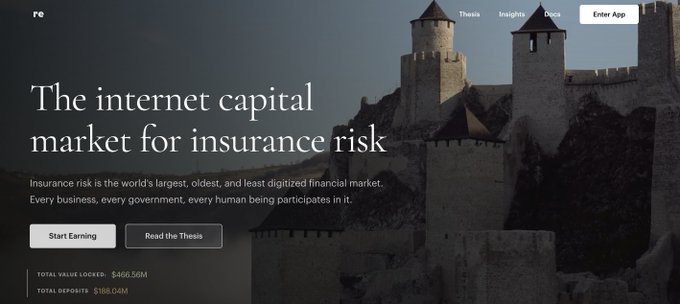 The image features a website for an insurance company named "The Internet Capital Market for Insurance Risk", which is described as a "reinsurance business RWA DeFi" with a focus on reinsurance risk management. The website has a clean, modern design that includes a castle and a castle in the background, giving it a unique and visually appealing look. The post about this company was posted by someone named "Focus on what is in the image".