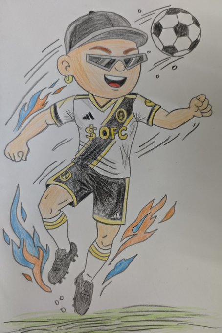 Hand-drawn cartoon of a soccer player wearing sunglasses, a cap, and a kit labeled '$OFC,' kicking a soccer ball with flame effects on their feet.