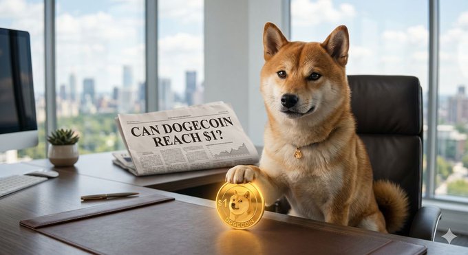 "Can Dogecoin Reach $1 in 2026?". The image features a brown dog sitting at an office desk with a computer monitor, keyboard, and a gold coin placed next to its paw. There's no clear connection between this image and the actual topic of Can Dogecoin reach $1 in 2026; it is merely an amusing coincidence that adds a creative touch to the post. The main focus should be on what the image represents or how it relates to the content being shared on the post itself, whether it's about Bitcoin, dogecoins, cryptocurrency markets, or something else entirely.