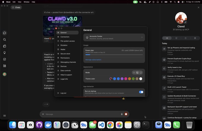 A macOS screenshot of the Claude desktop app showing the General settings panel with 'Accounts Center', 'Appearance' (Mode: Dark), theme color options, and 'Run on startup' toggled on, alongside a 'Today' task list including 'Set up Phoenix and imperial trading'.