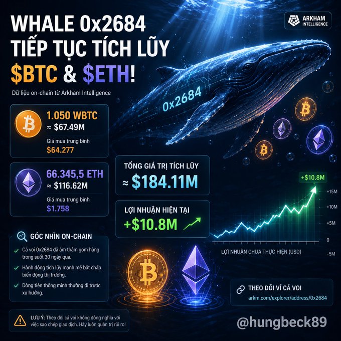 A Vietnamese-language infographic from Arkham Intelligence showing 'WHALE 0x2684 TIẾP TỤC TÍCH LŨY $BTC & $ETH!' with holdings of 1,050 WBTC ($67.49M) and 66,345.5 ETH ($116.62M), totaling $184.11M with +$10.8M unrealized profit, credited to @hungbeck89.