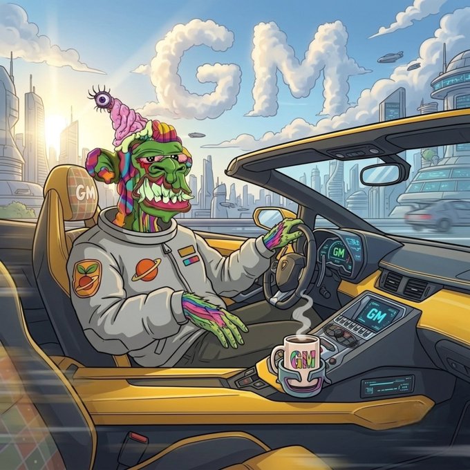 A cartoonish green alien wearing a spacesuit and a brain-adorned beanie drives a yellow convertible through a futuristic city, with "GM" spelled out in clouds above and displayed throughout the car's interior, dashboard, and a steaming coffee mug—matching the post's playful "GM friends, have a productive day" greeting.