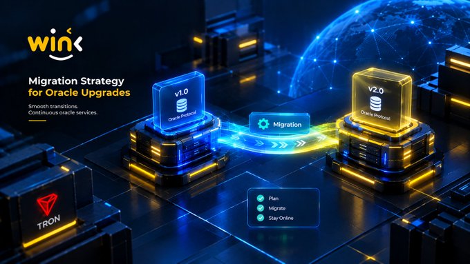 A promotional graphic for 'wink' displays 'Migration Strategy for Oracle Upgrades' with text 'Smooth transitions. Continuous oracle services.' and shows a visual progression from v1.0 to v2.0 Oracle Protocol with steps to 'Plan, Migrate, Stay Online', alongside a TRON logo.