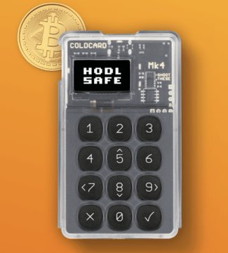 A Coldcard "HODL SAFE" Mk4 hardware wallet is displayed on an orange surface next to a physical Bitcoin coin. The image visually represents the Coldcard brand implicated in the July 2026 hardware wallet breach that the FBI is now reportedly investigating, according to research by Block and Galaxy reported in Bitcoin Magazine.