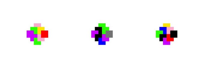 Three small pixelated cluster icons in different color combinations (pink/red, green/black, green/blue) displayed on a white background.