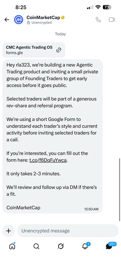A screenshot of a message from @CoinMarketCap on social media, regarding an email with a question or concern about the authenticity of a new Cryptocurrency trading platform. The message is filled with emoticons showing irritation at receiving unsolicited emails asking for personal information. It seems as though someone has sent this message via another communication app like Twitter to trick users into providing their data.