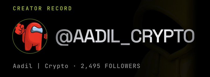 Creator record banner for @AADIL_CRYPTO showing an Among Us character avatar with 'Aadil | Crypto · 2,495 FOLLOWERS' beneath the username.