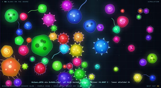 A screenshot of a colorful simulation game showing various blob-like and spiky organisms in green, pink, blue, orange, and purple on a grid background. Text includes '56 BLOBS ON THE BOARD', 'SIMULATION', and other gameplay information.
