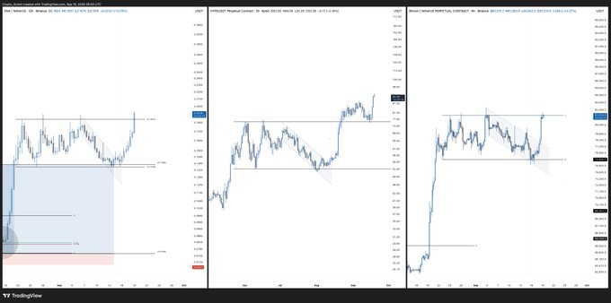 A TradingView screenshot from November 12, 2024 displays three charts side-by-side—DX=F (US Dollar Index), GC=F (Gold Futures), and HG=F (Copper Futures)—each showing classic Wyckoff re-accumulation schematics with horizontal support/resistance levels marking range-bound price action before breakouts. The charts visually support the caption's claim by illustrating how leading assets across different markets (currency, precious metals, and industrial metals) are all exhibiting the same accumulation pattern Wyckoff originally described.