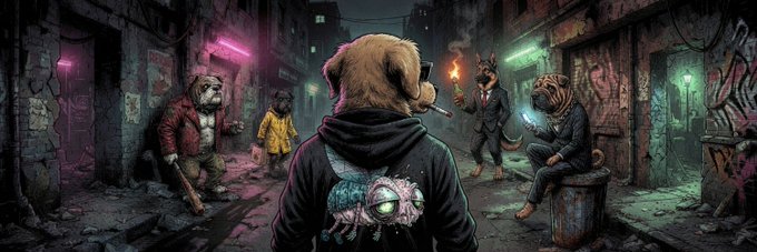 A person in a dark hoodie with a glowing-eyed figure on the back stands facing a menacing group of anthropomorphic dog and tiger figures in a graffiti-covered alleyway illuminated by neon lights. The scene visually echoes the post's metaphor of crypto's murky underworld, where the hooded figure's embrace of transparency—a stitched, luminous emblem on their back—stands as a defiant act of integrity against shadowy, judgmental onlookers.