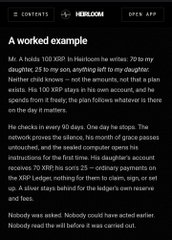An article excerpt titled 'A worked example' describes how a user 'Mr. A' accidentally sent 100 XRP to a scammer and refused to pay a ransom to a hacker who demanded 25 XRP. The text details the resolution involving Ripple support over 90 days.