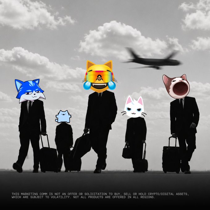 Five men in business suits walk across a tarmac with rolling luggage, their heads photoshopped with colorful cat emoji faces, as an airplane flies overhead—tying into the "TOPCATS.ONLINE ON TOP" post with a playful crypto disclaimer at the bottom reading: "THIS MARKETING COMM IS NOT AN OFFER OR SOLICITATION TO BUY, SELL OR HOLD CRYPTO/DIGITAL ASSETS, WHICH ARE SUBJECT TO VOLATILITY. NOT ALL PRODUCTS ARE OFFERED IN ALL REGIONS."