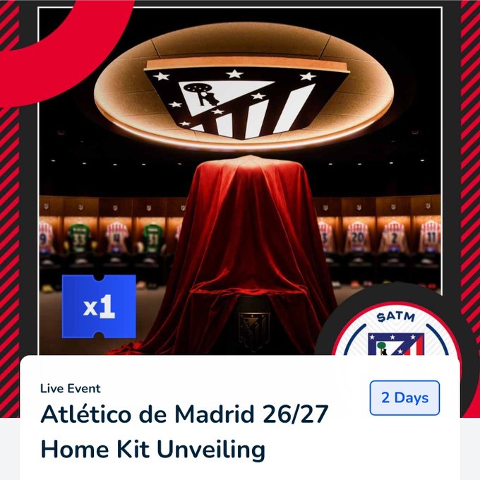 The image shows a poster for an event called "Atletico de Madrid 26/27 Home Kit Unveiling". The poster features a red curtain, which is used as a backdrop for the event details. The text on the poster indicates that this event is exclusive and only available to fans with @FanTokens. It also mentions that the event will take place from June 26th to 27th at a specific time of 08:30 CEST.