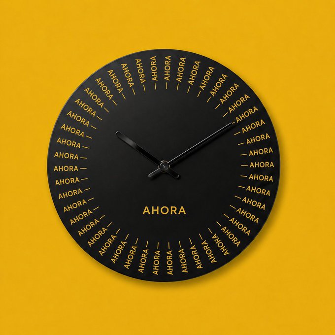 A minimalist black wall clock with yellow accents displays "AHORA" repeated around its face where traditional numbers would be, with the same word centered in larger text, translating "now" in Spanish. The bold yellow and black design against a matching yellow background reinforces the post's "the moment is now" message, visually capturing the urgency of the present moment.