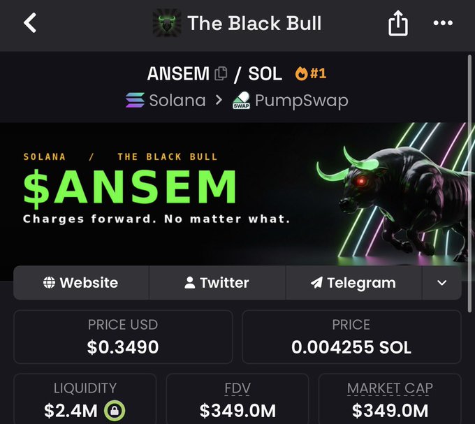 A screenshot of a crypto token page for "$ANSEM" (The Black Bull) on the Solana blockchain via PumpSwap, showing a price of $0.3490 USD / 0.004255 SOL, with a market cap and FDV of $349.0M and liquidity of $2.4M. The image illustrates the massive valuation supporting the post's claim about $10 turning into millions in 18 days.