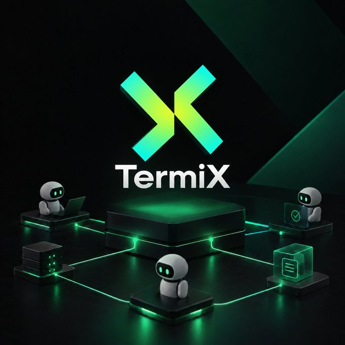 A 3D-rendered logo for 'TermiX' featuring a stylized teal and yellow X-shaped icon above the brand name, with three small white robots connected by glowing green circuit lines in the foreground.