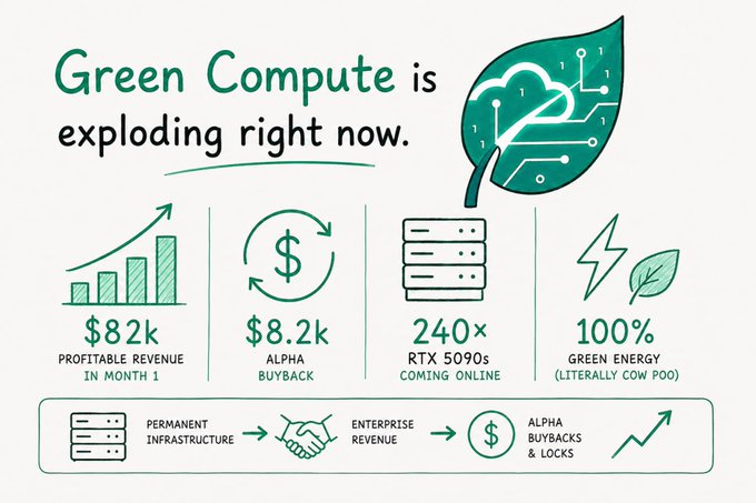 The image is an infographic titled "Green Compute is exploding right now," featuring a stylized circuit-board leaf logo and four key metrics: $82k profitable revenue in month one, $8.2k Alpha buyback, 240× RTX 5090s coming online, and 100% green energy. A bottom flow diagram illustrates the flywheel: Permanent Infrastructure → Enterprise Revenue → Alpha Buybacks & Locks → upward growth, directly visualizing the post's claim about Green Compute's breakout performance on Bittensor in 2026.
