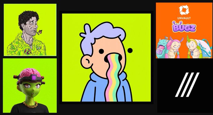 A collage featuring digital art pieces, including an illustrated figure with colorful hair vomiting a rainbow, alongside logos for 'UNVAULT' and 'BUGZ'.