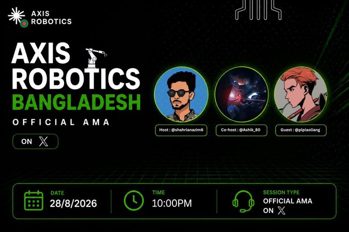 Promotional graphic for an AXIS ROBOTICS BANGLADESH Official AMA on X, scheduled for 28/8/2026 at 10:00PM, featuring host @shahrianzamir8, co-host @Ashik_80, and guest @ipiaoliang.