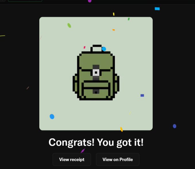 A pixel art green backpack on a light green background with confetti, captioned 'Congrats! You got it!' with buttons to 'View receipt' and 'View on Profile'.