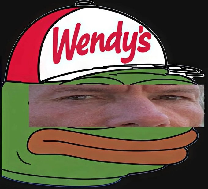 The image is a cartoon Wendy's burger with the "Wendy's" logo on the bun and a cutout of Michael Saylor's eyes and nose inserted into the burger, relating to the post quoting his advice "Never sell your bitcoin."