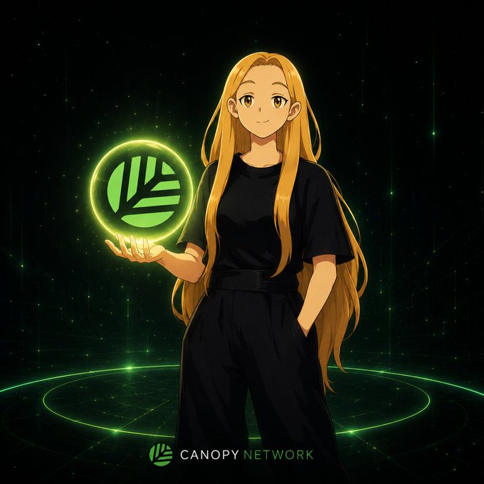 Anime-style illustration of a blonde woman in a black outfit holding a glowing green orb, with the 'CANOPY NETWORK' logo at the bottom.
