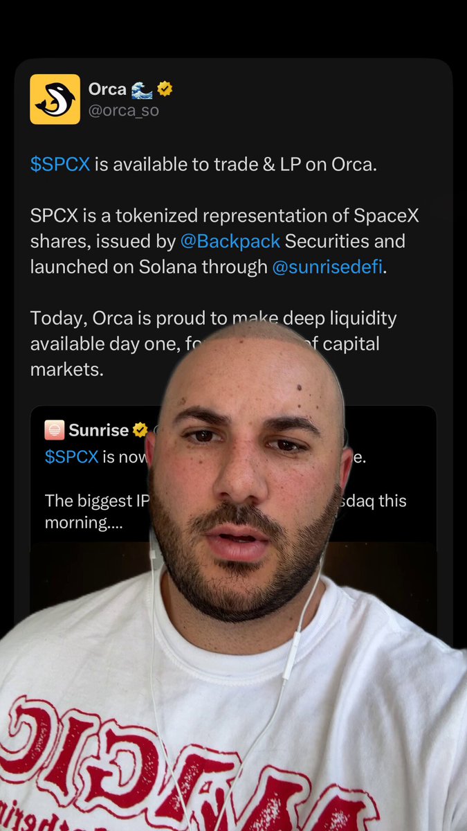 The image shows a man wearing a white t-shirt with red text, who appears to be a Twitter user. The caption of the image reads "Orca is about to get louder. Congratulations to the @orca_so team on a successful tokenized $SPCX launch." This post seems to be related to the Orca trading platform and its recent tokenization of SPCX, as indicated by the text in the image.