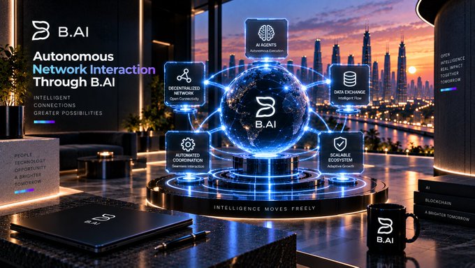 A digital promotional graphic for 'B.AI' featuring the text 'Autonomous Network Interaction Through B.AI' and a glowing globe with connected nodes labeled with features like 'AI Agents', 'Data Exchange', and 'Scalable Ecosystem'.