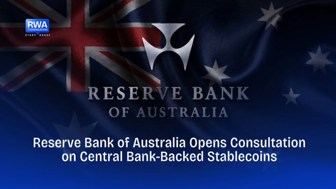 A news graphic with the Reserve Bank of Australia logo over the Australian flag, reading 'Reserve Bank of Australia Opens Consultation on Central Bank-Backed Stablecoins'.