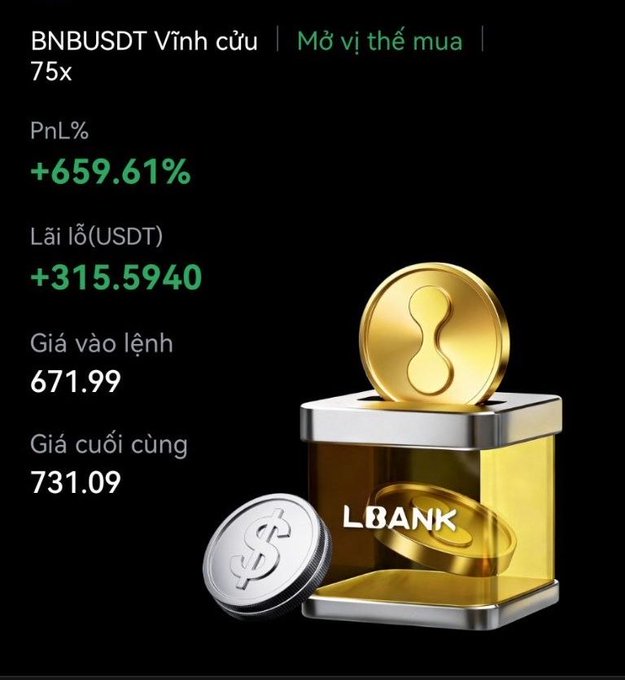 The image features a gold coin with a silver coin inside of a glass box, which are placed against a black background. The text "BNB xanh mướt quá anh em ạ Nhìn thì ham thật đây là nhé, cóng bằng người ta đi làm cả thật đâu Tôi mà đánh Future được nhưng nhé". The image is related to the post because it features a gold coin inside of a glass box, which could be an advertisement for a bank or a financial institution.
