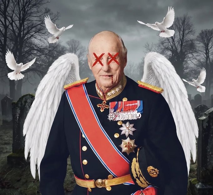 A dark, satirical image showing an elderly military figure with angel wings, blood dripping from his mouth, and red X's over his eyes, set against a cemetery backdrop with doves flying around.